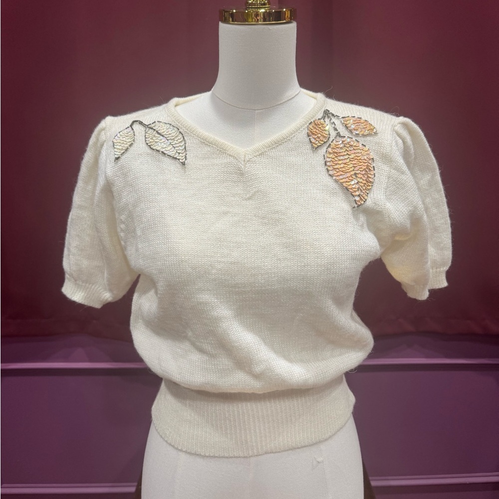 Vintage Organically Grown Cream Short Sleeve Sweater with Sequin Leaf Detail